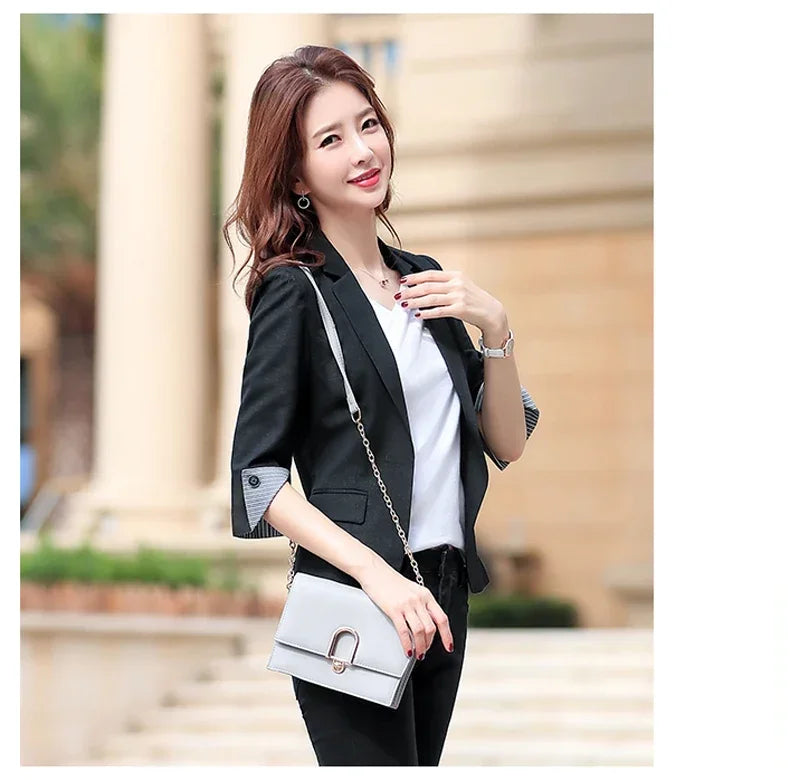 New Autumn Office Lady Solid Color Three Quarter Sleeve Blazer Women Casual One Button Formal Slim Fit Dress Suit Jacket Women