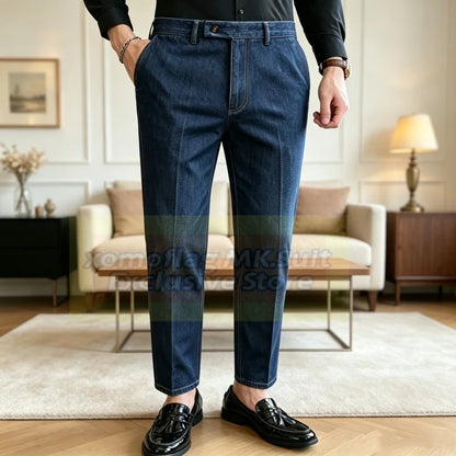 Men's Denim Suit Set Double Breasted Slim Fit Blazer and Trousers for Men