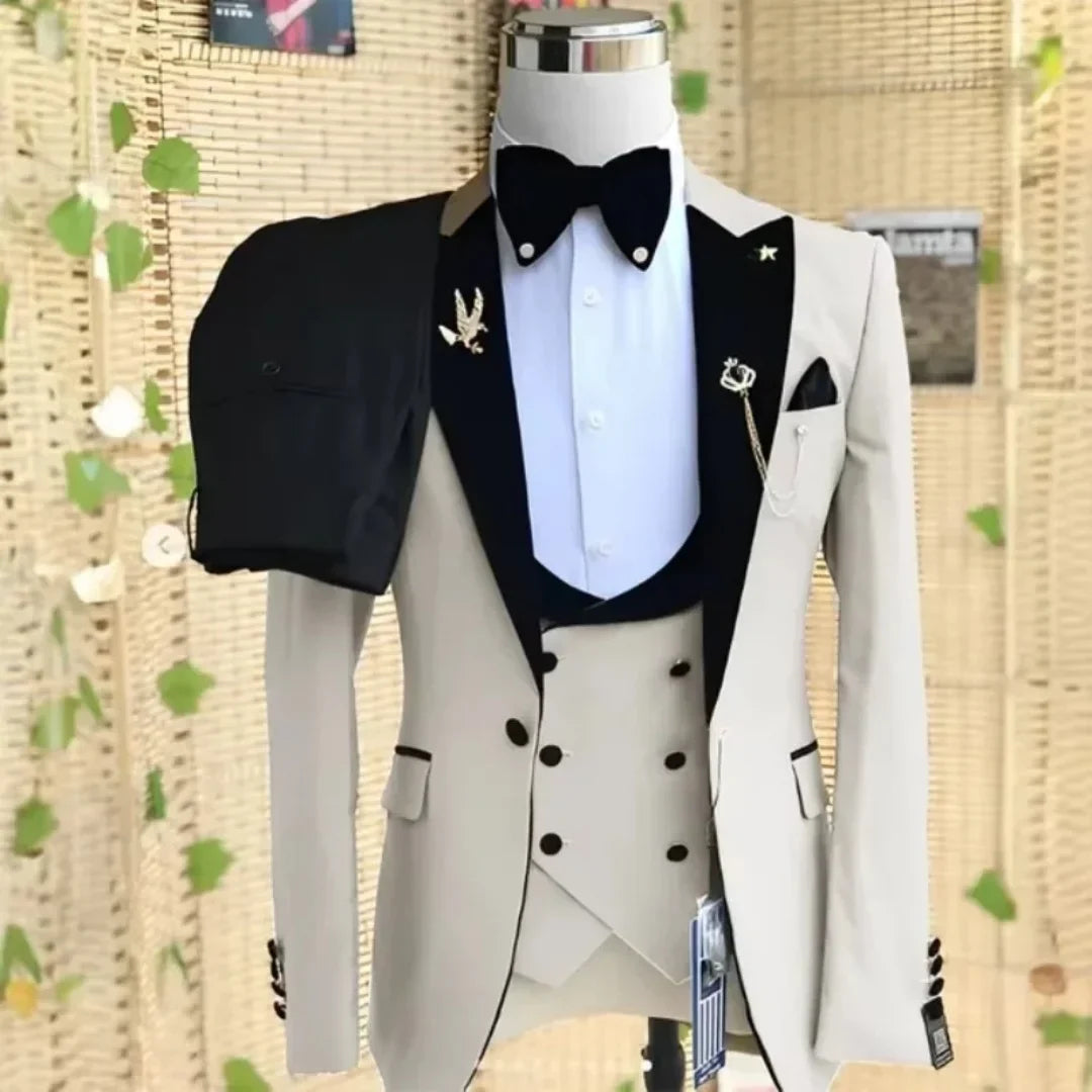 Elegant 3 Piece Slim Fit Men's Tuxedo Suit Set for Wedding Prom Party - Solid Color Blazer Vest Pants Male Formal Wear