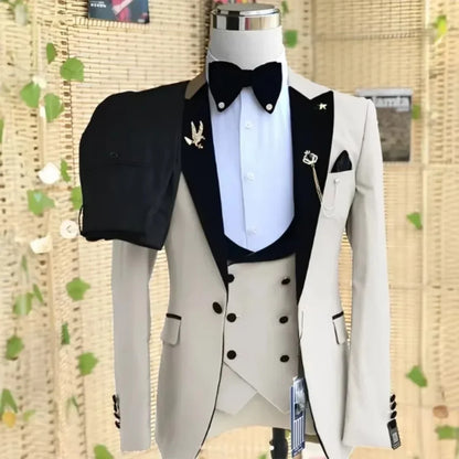Elegant 3 Piece Slim Fit Men's Tuxedo Suit Set for Wedding Prom Party - Solid Color Blazer Vest Pants Male Formal Wear