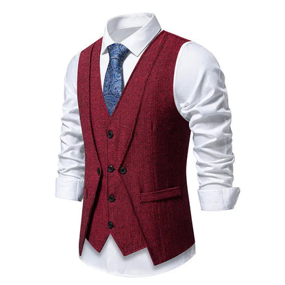 Men's Triple-Breasted Herringbone Tweed Vest – Retro Fake Two-Piece Waistcoat for Weddings & Smart-Casual Occasions