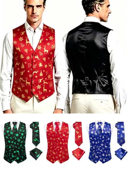 Men's Christmas Print Vest 3-Piece Set with Tie and Pocket Square for Holiday Parties