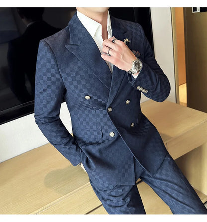 (Jacket+Pants)Luxury Checkered Double Breasted Suit  2 Pieces Fashion Business Slim Fit Social   Formal Suit Evening Dress 5XL-M