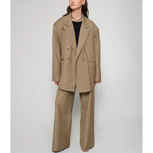 Loose khaki Double Breasted Women Pants Set High-end Female Two Pieces(Jacket+Trousers)أطقم بناطيل