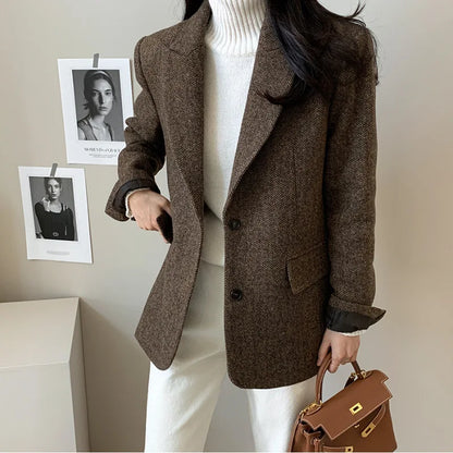 Women's Slim Fit Blazer Autumn Mid-Length Lapel Coat Contrast Cuff Detail Elegant Office & Commute Outerwear