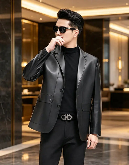 Genuine Leather Jacket Men's Sheepskin Suit Collar Midlife Leather Coat Business Casual Western Style Men's Single-Breasted Top