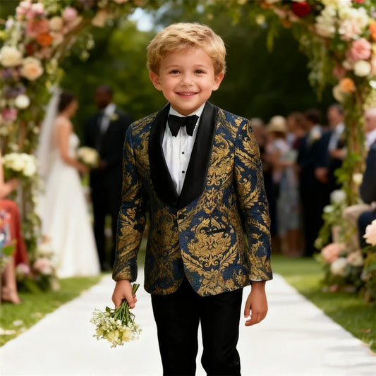 Boys Suit Set Kids Formal Tuxedo with Gold Embroidery Jacket Pants Bowtie Ring Bearer Navy Black 3–14 Years