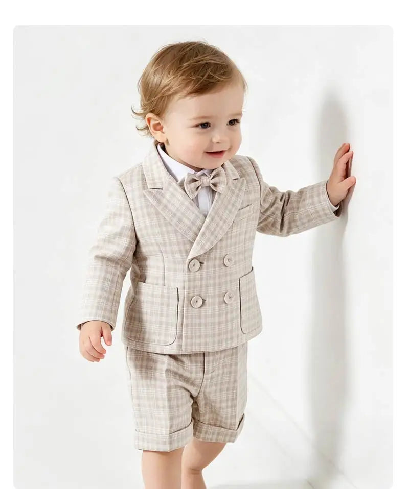 Plaid Suit Set for Boys Formal Blazer Toddler Gentleman Shorts BowTie Perfect for Wedding Birthday Baptism Party Dress Outfit