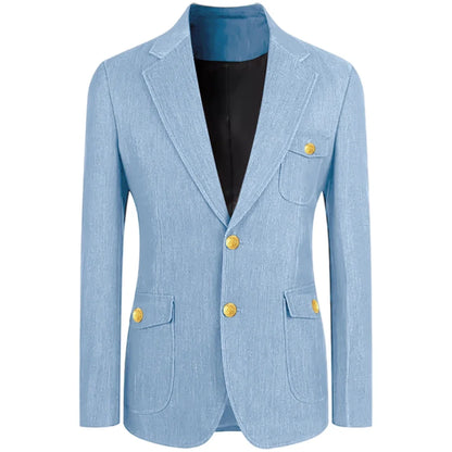 Men's Denim Suit Jacket Classic Notched Lapel Slim Fit Gold Buttons Multiple Pockets Formal Blazer Business Casual Daily Wear
