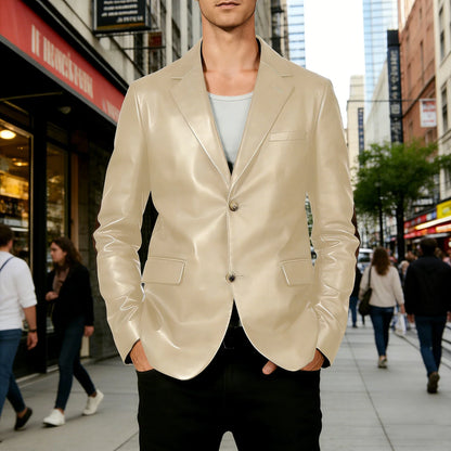 Men's Shiny Leather Blazer with Suede Elbow Patches Slim Fit 2-Button Notch Lapel Suit Jacket Streetwear Casual Party Sport Coat