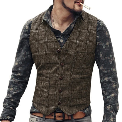 Men's Vest Gray Checkered Single Button V-Neck Waistcoat for Wedding & Business