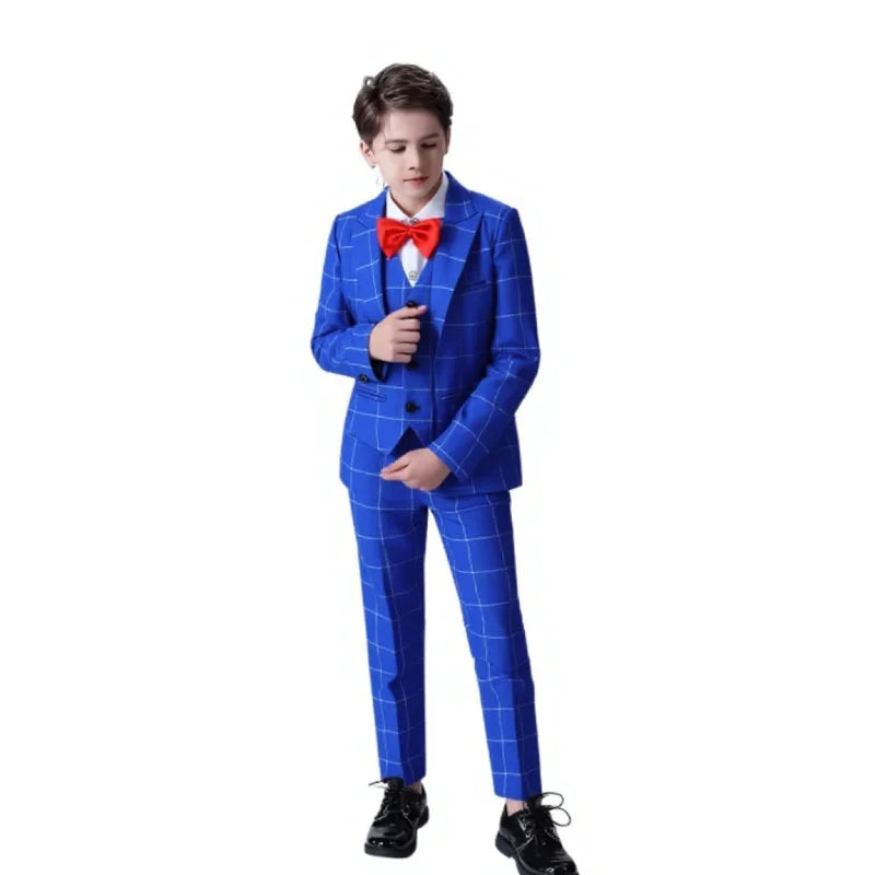 Boys 4Pieces Blue Plaid Suit Set With Jacket Vest Pants Bowtie Kids Formal Wedding Birthday Performance Photography Outfit