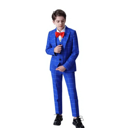 Boys 4Pieces Blue Plaid Suit Set With Jacket Vest Pants Bowtie Kids Formal Wedding Birthday Performance Photography Outfit