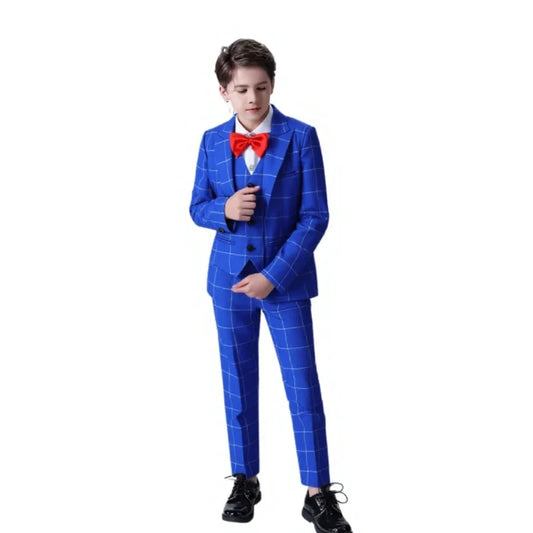 Boys 4Pieces Blue Plaid Suit Set With Jacket Vest Pants Bowtie Kids Formal Wedding Birthday Performance Photography Outfit