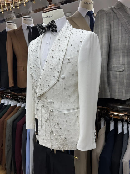 Silver Beaded Crystal Suit Jacket Man Birthday Party Prom Wear Chic Double Breasted Suit Set 2 Pieces For Men Wedding Groom Sets