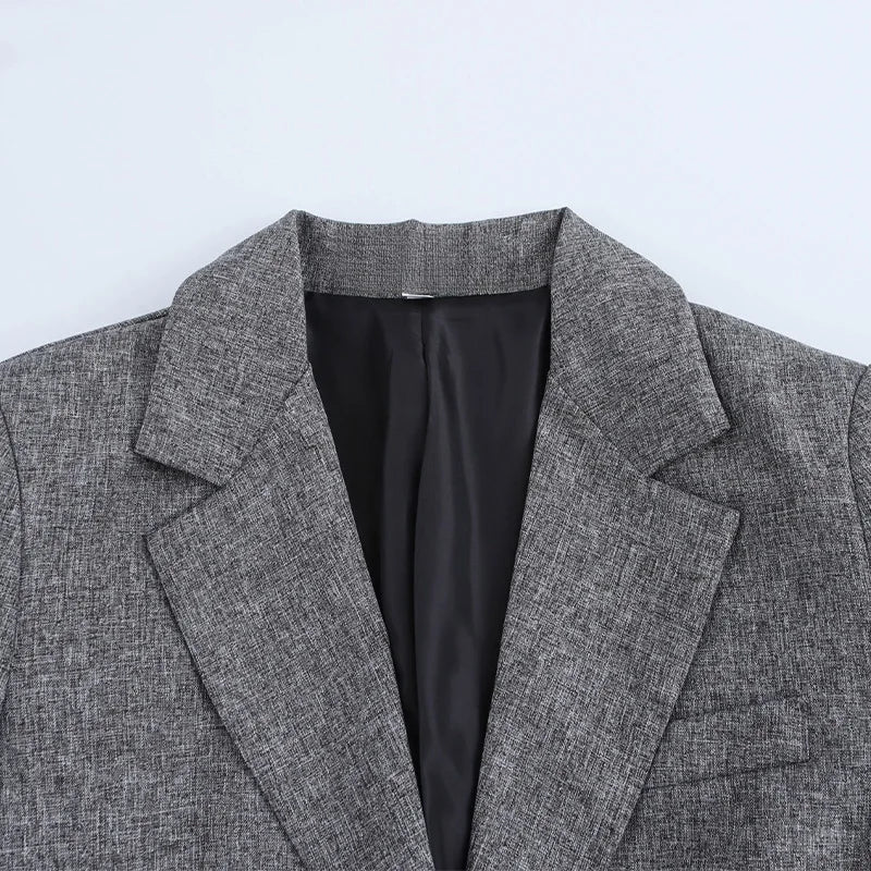 Women Fashion With Pockets Grey Single Breasted Blazer Vintage Notched Neck Long Sleeves Female Chic Lady Outfits