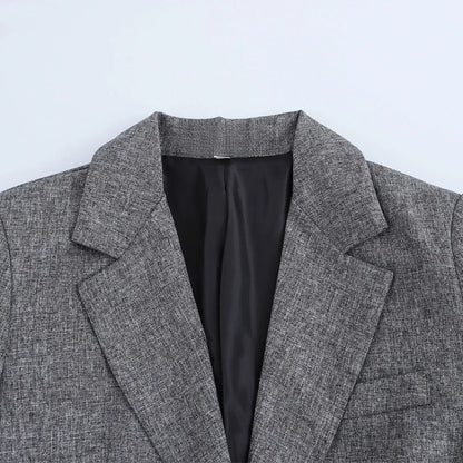 Women Fashion With Pockets Grey Single Breasted Blazer Vintage Notched Neck Long Sleeves Female Chic Lady Outfits