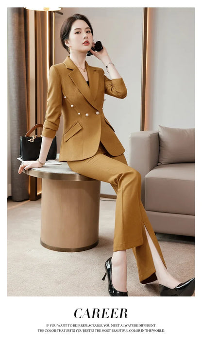 Office Lady Formal Blazer Pants Suits 2 Piece Matching Set Conjuntos Para Mujeres Plus Size Jacket Split Flare Pants Sets New
