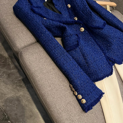 Slim Fit Deep Blue Long Sleeve Suit Coat for Women Commute Style Asymmetric Hem Tailored Jacket Business Casual Outerwear