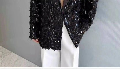 Design Patchwork Burr Original Casual Shoulder Pad Sequin Blazer Coat Men's 2025 Autumn Fashion Temperament Jacket JY7384