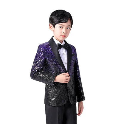 Boys Fashionable Gradient Sequins Jacket Pants Tie 3pcs Wedding Party Suits Kids Piano Performance Costume Photography Dress