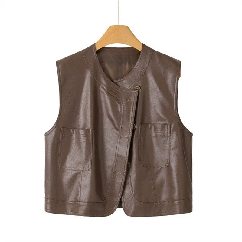 Pu Leather Vest Women Short Sleeveless Jacket 2026 Autumn New Solid Single-breasted Female Imitation Leather Waistcoat Outerwear