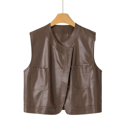 Pu Leather Vest Women Short Sleeveless Jacket 2026 Autumn New Solid Single-breasted Female Imitation Leather Waistcoat Outerwear
