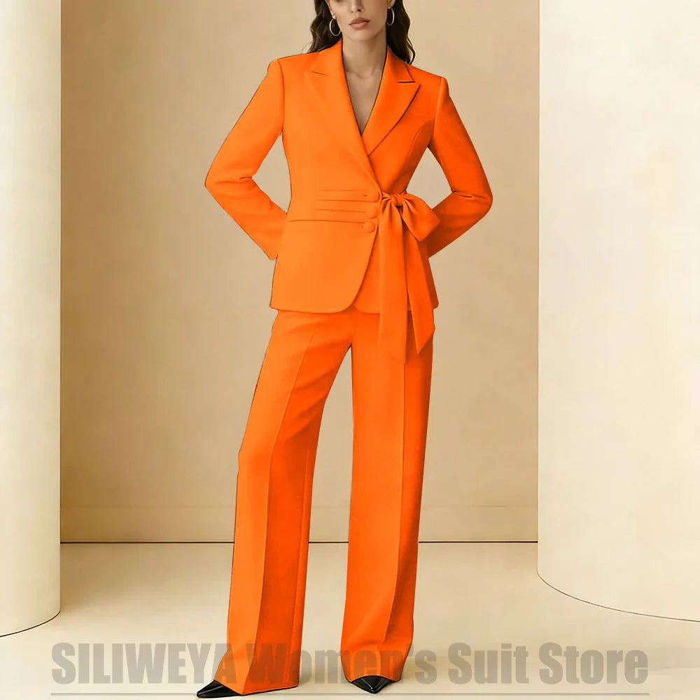 Women's Suit 2 Piece Bow Belt Design Formal Outfit for Wedding Party Prom Office Fashion Peak Lapel Daily Casual Lady Suits