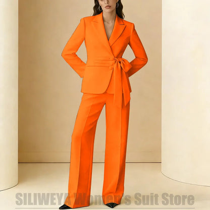 Women's Suit 2 Piece Bow Belt Design Formal Outfit for Wedding Party Prom Office Fashion Peak Lapel Daily Casual Lady Suits