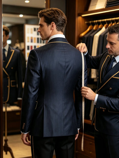Pinstripe Double Breasted Peak Lapel Mens Suit Jacket Business Slim Fit Gold Trim Striped Coat Formal Wedding Prom Banquet Party