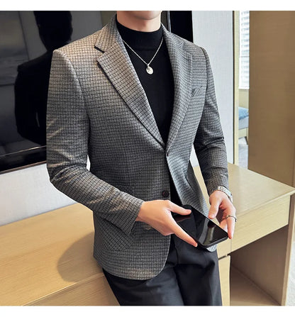British Style Plaid Suit Jacket For Men 2025 New Business Casual Slim Blazer Formal Wedding Party Suit Dress Coats Men Clothing