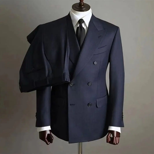 Men's Solid Color Blazer Pants Set Office Business Double-Breasted Suit for Groom Wedding Dress Host Tuxedo Fashion