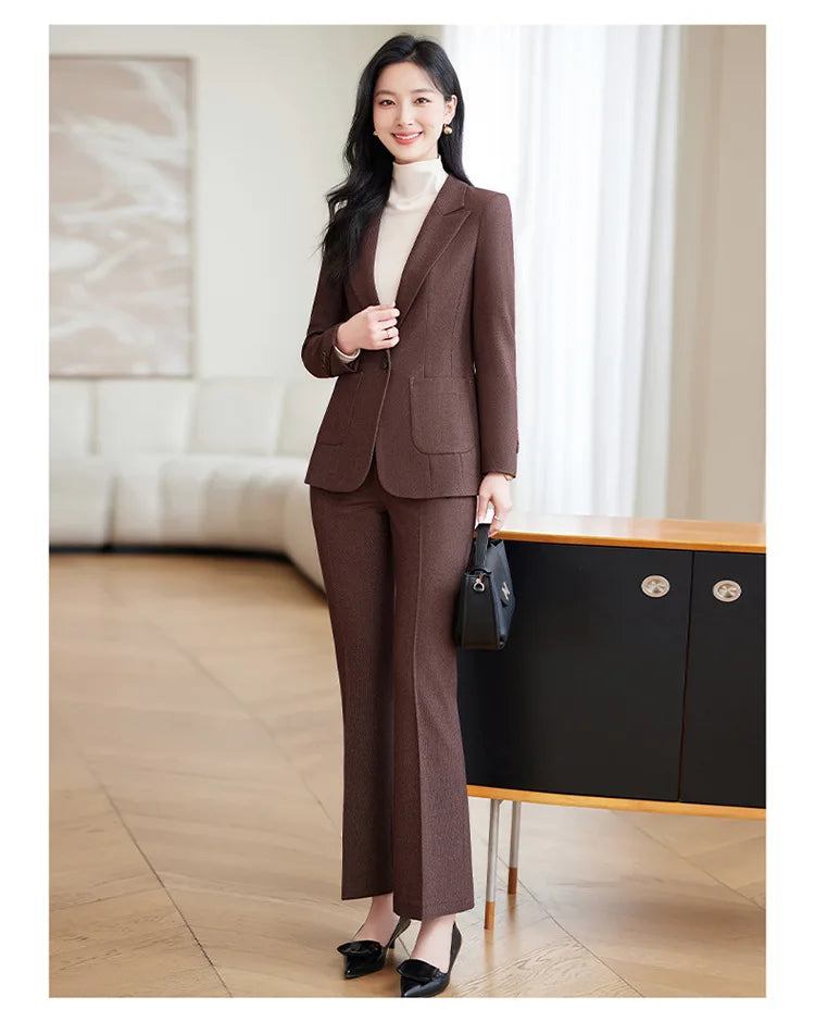 Brown Suits Women 2024 New Autumn High End Fashion Temperament Business Slim Blazer And Pants Sets Office Lady Work Wear