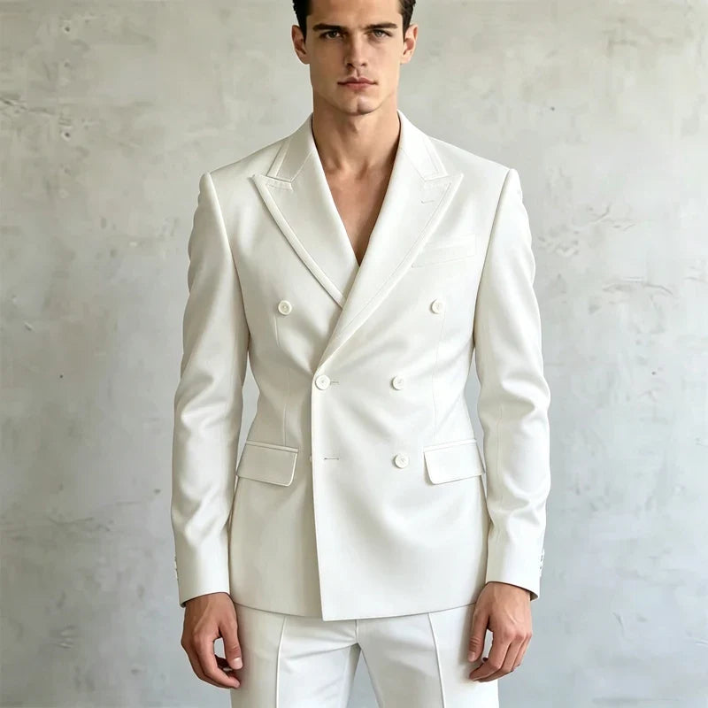 Double Breasted Slim Fit Blazer – Men's Formal Suit Jacket with White Contrast Piping