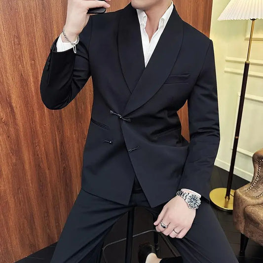 (Jacket+Pants) Vintage Luxury Chinese Style Suit Fashion Men High-end Elegant Business Social Wedding Dress Suit Tuxedo 2Pcs Set