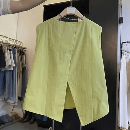 Korean Loose Fit Round Neck Sleeveless Vest 2025 Summer Women's Pure Top Split at Back Shirt