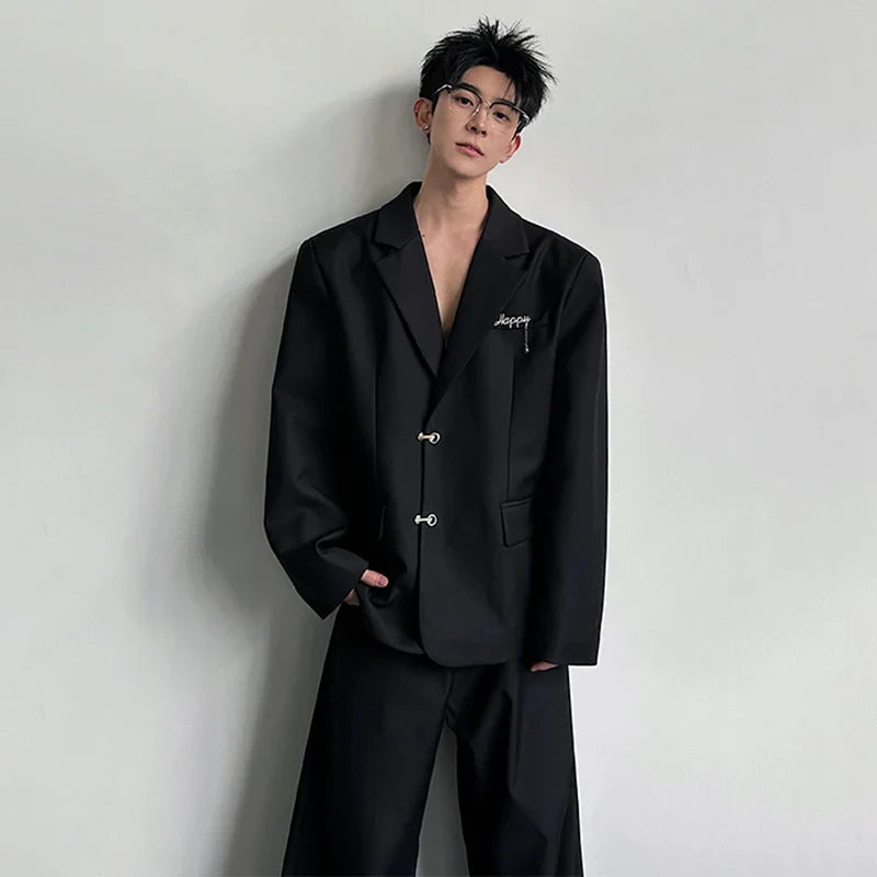 Spring Fashion Metal Buckle Decorate Solid Color Blazer Coat Men's Elegant Temperament Luxury Casual Male Clothes JY6115