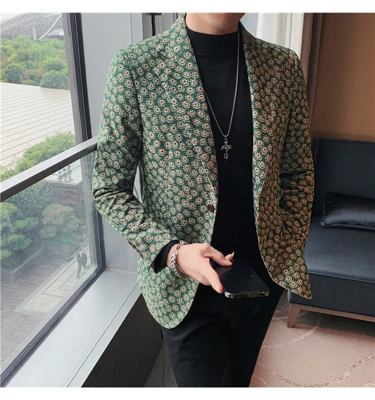 Autumn Winter Corduroy Flower Blazers Men Slim Fit Casual Suit Jacket Casual Suit Jacket Wedding Business Dress Coat Streetwear