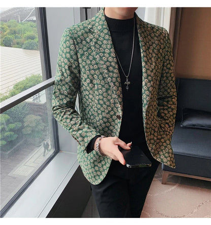Autumn Winter Corduroy Flower Blazers Men Slim Fit Casual Suit Jacket Casual Suit Jacket Wedding Business Dress Coat Streetwear