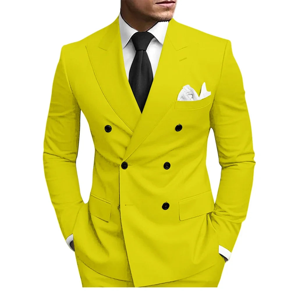 Classic Solid Suit Set 2 Pieces Jacket Pants For Men Wedding Groom Sets Double Breasted Men's Suits Banquet Tuxedo Wear XS-5XL