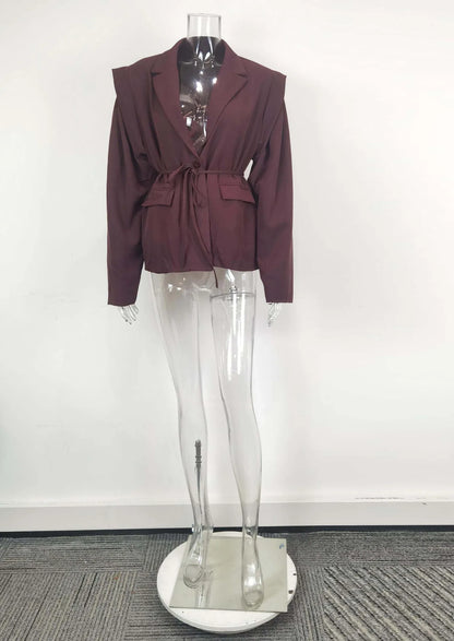 Spring Autumn Fashion Women's Pure Color Belted Shoulder Pad Suit Coat Commute Style Loose Fit Long Sleeve Regular Length