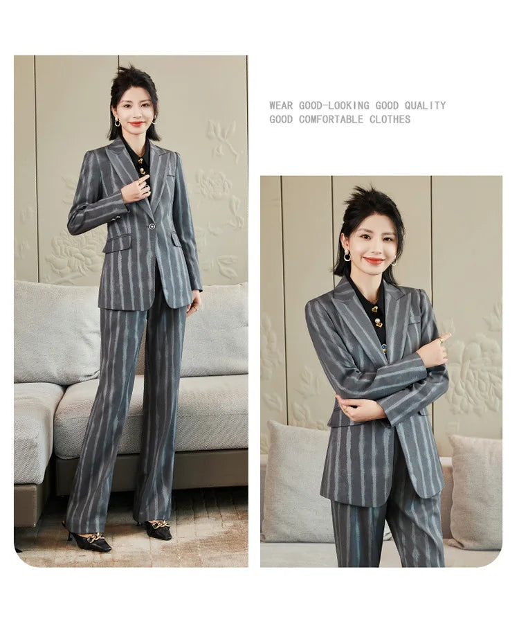 Fashion Autumn Winter Ladies Pant Suit Women Striped Female Business Work Wear Jacket Blazer and Trouser Formal 2 Piece Set