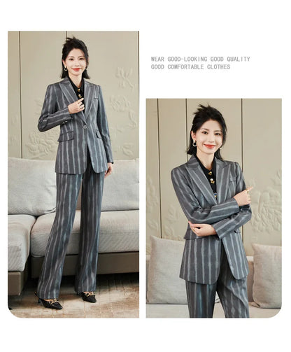 Fashion Autumn Winter Ladies Pant Suit Women Striped Female Business Work Wear Jacket Blazer and Trouser Formal 2 Piece Set