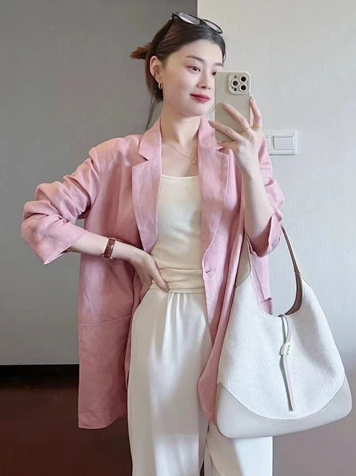 Cotton Linen Suit Jaet Women's Summer New Korean Design Casual Loose Long Sve Top Commute Sle Thin Single Button
