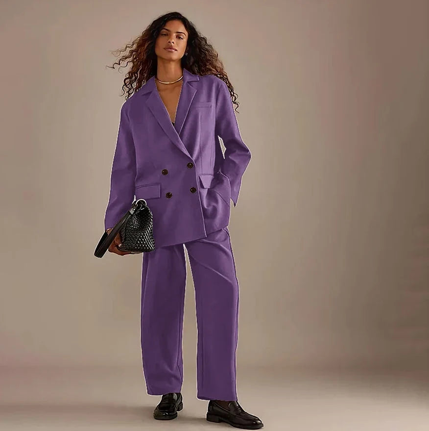 Leisure Brown Double Breasted Women Pants Set High-end Female Two Pieces(Jacket+Trousers)أطقم بناطيل
