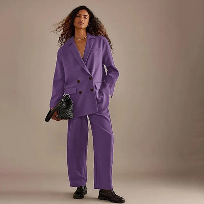 Leisure Brown Double Breasted Women Pants Set High-end Female Two Pieces(Jacket+Trousers)أطقم بناطيل
