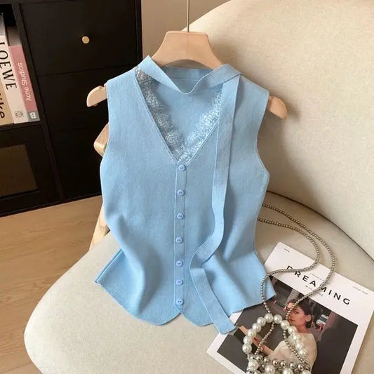 Yellow Lace Splicing Knitted Vest Women's Summer New French Small Fragrance Fashion Sleeveless vest Strap Waistcoat Tank Tops