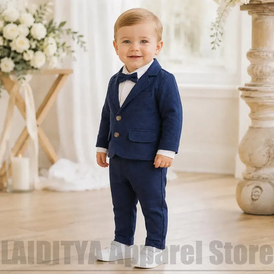Chic Boys Navy Blue Linen Suit 2 Piece Single Breasted Jacket Pants Baby Formal Outfit Ring Bearer Wedding Birthday Party Tuxedo