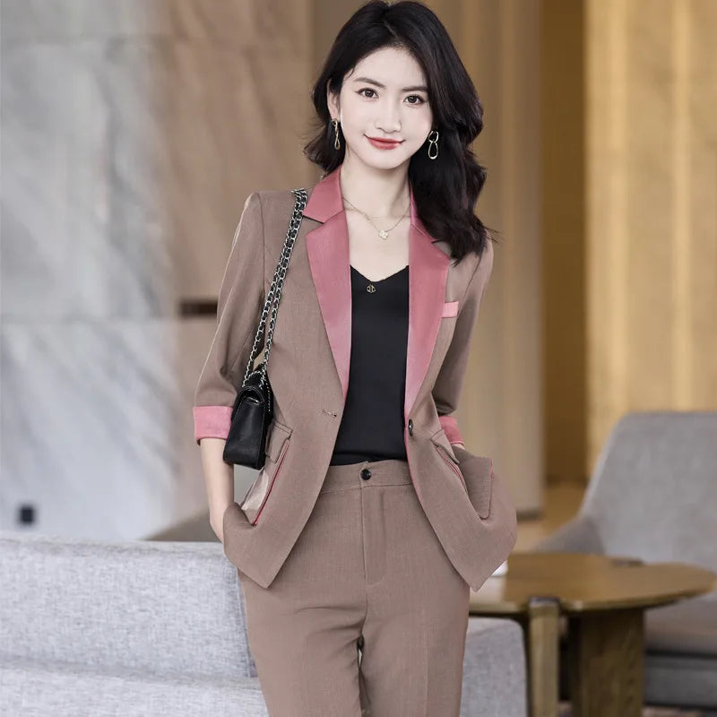 High End Professional Suit Office Women Blazer 2 Piece Set 2022 New Fashion Big Pocket Female Jacket Casual Flared Trousers