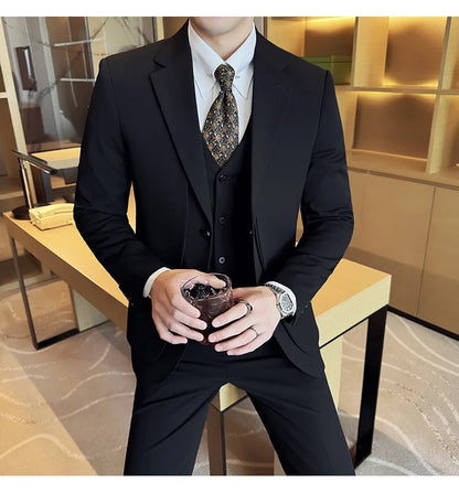 British Style Fake Two-piece Suit Set Men's Wedding Groom Dress 3 Piece Set Suit Vest Trousers Slim Office Business Casual Suits